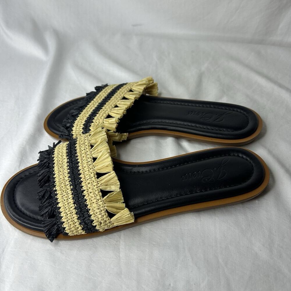 J. Crew Sorrento Black and Tan Rafia Flat Sandals Size 8 Made In Italy
